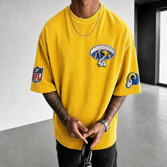 Unisex Loose-Fit Vertical-Stripe Short-Sleeve T-Shirt With Rugby Print