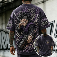 Unisex Oversized Anime-Print Vertical-Stripe Short-Sleeve T-Shirt