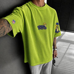 Unisex Loose-Fit Vertical-Stripe Short-Sleeve T-Shirt With Rugby Print