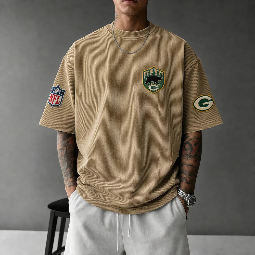 Unisex Loose-Fit Vertical-Stripe Short-Sleeve T-Shirt With Rugby Print