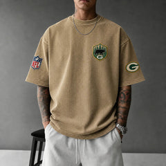 Unisex Loose-Fit Vertical-Stripe Short-Sleeve T-Shirt With Rugby Print
