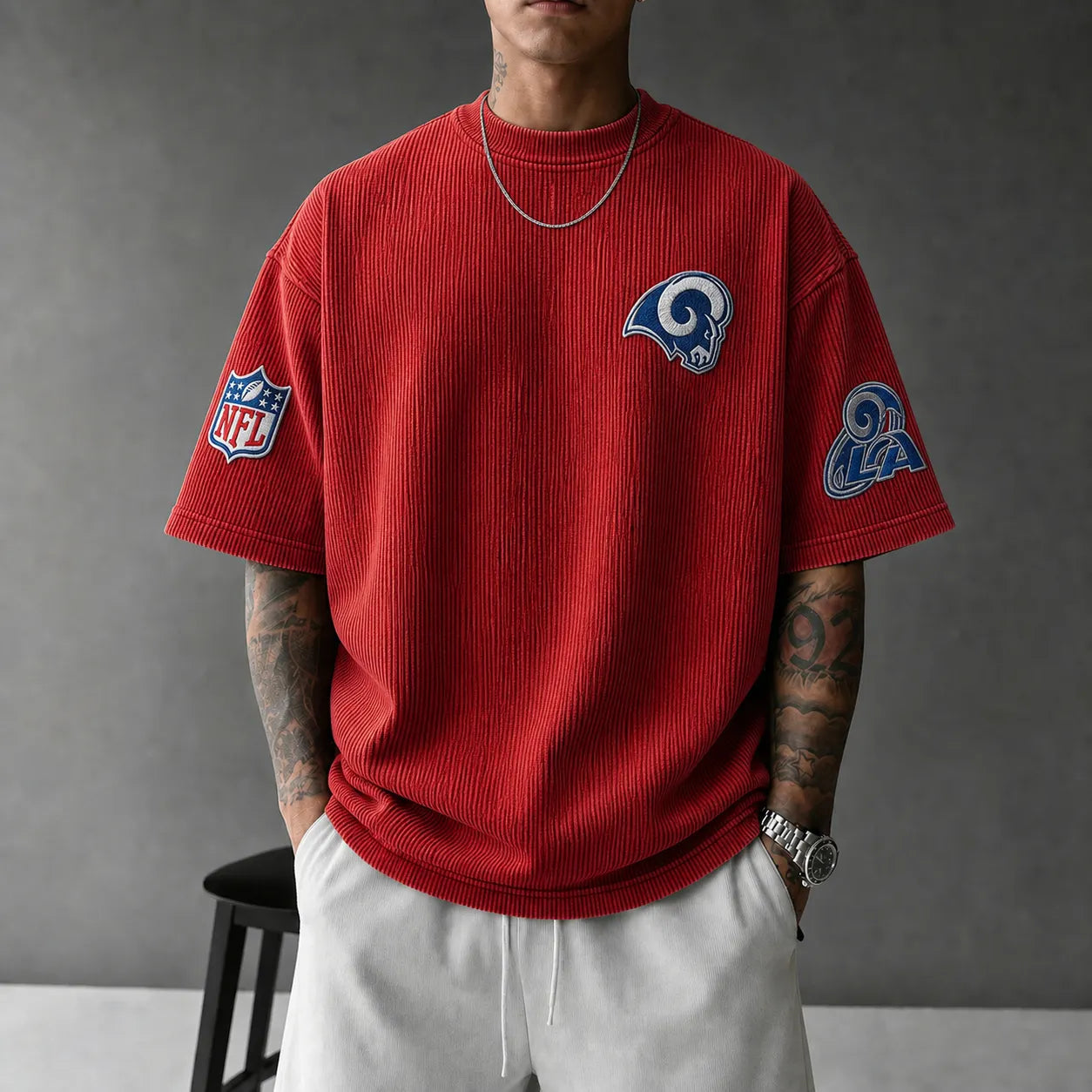 Unisex Loose-Fit Vertical-Stripe Short-Sleeve T-Shirt With Rugby Print