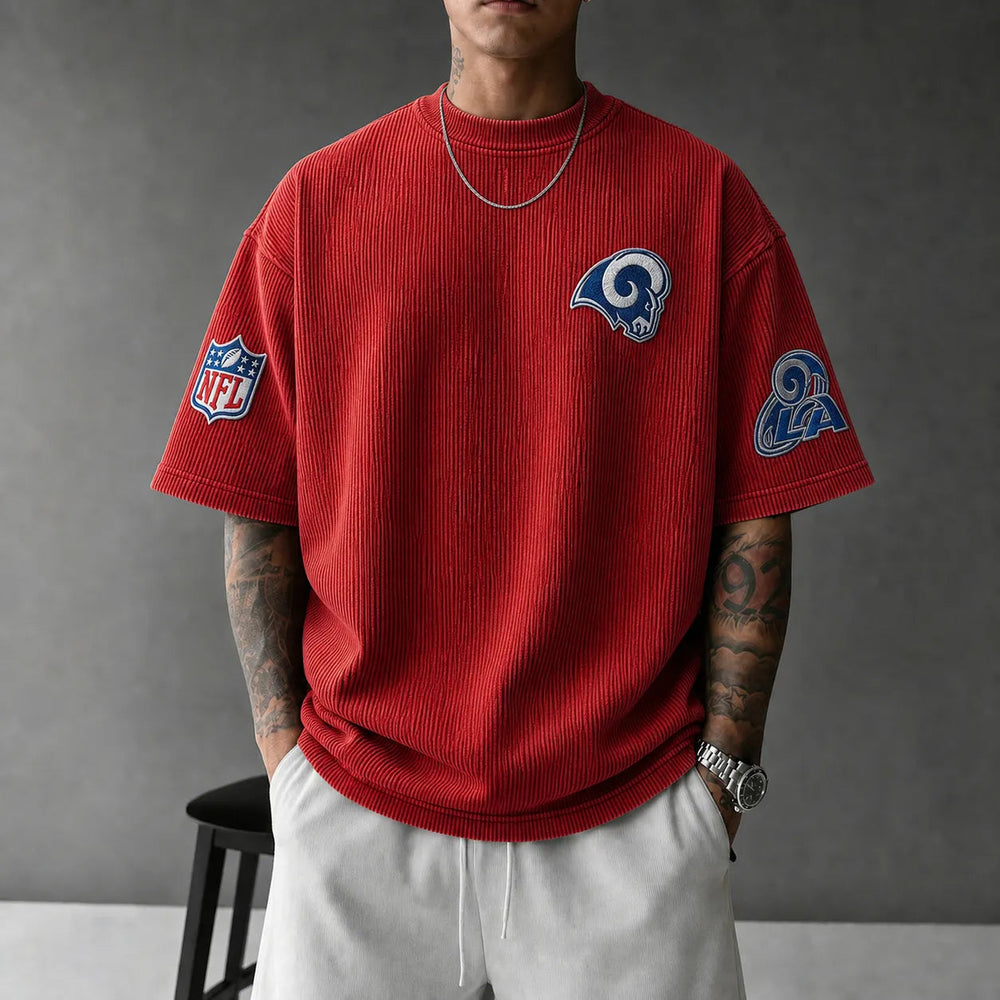 Unisex Loose-Fit Vertical-Stripe Short-Sleeve T-Shirt With Rugby Print