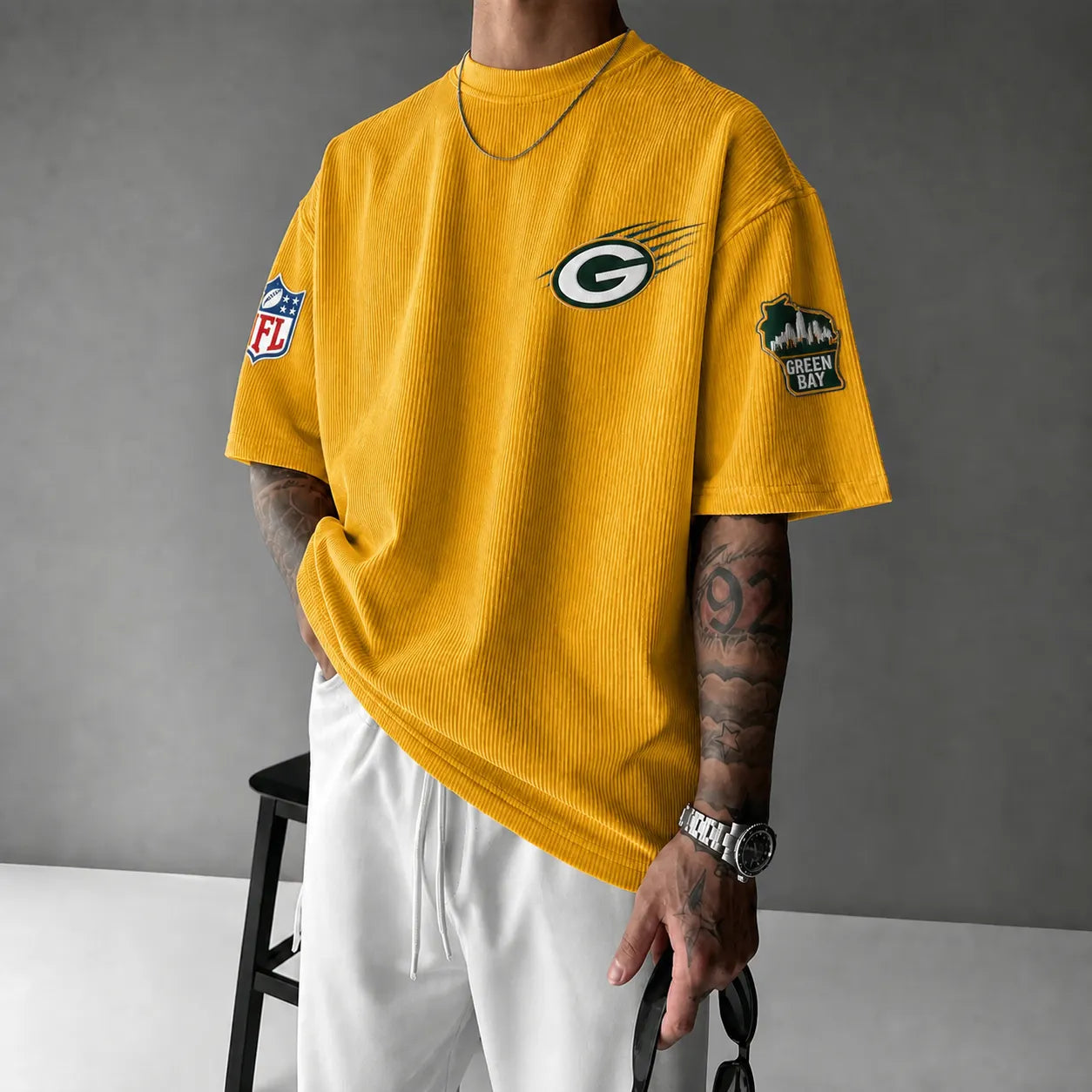 Unisex Loose-Fit Vertical-Stripe Short-Sleeve T-Shirt With Rugby Print