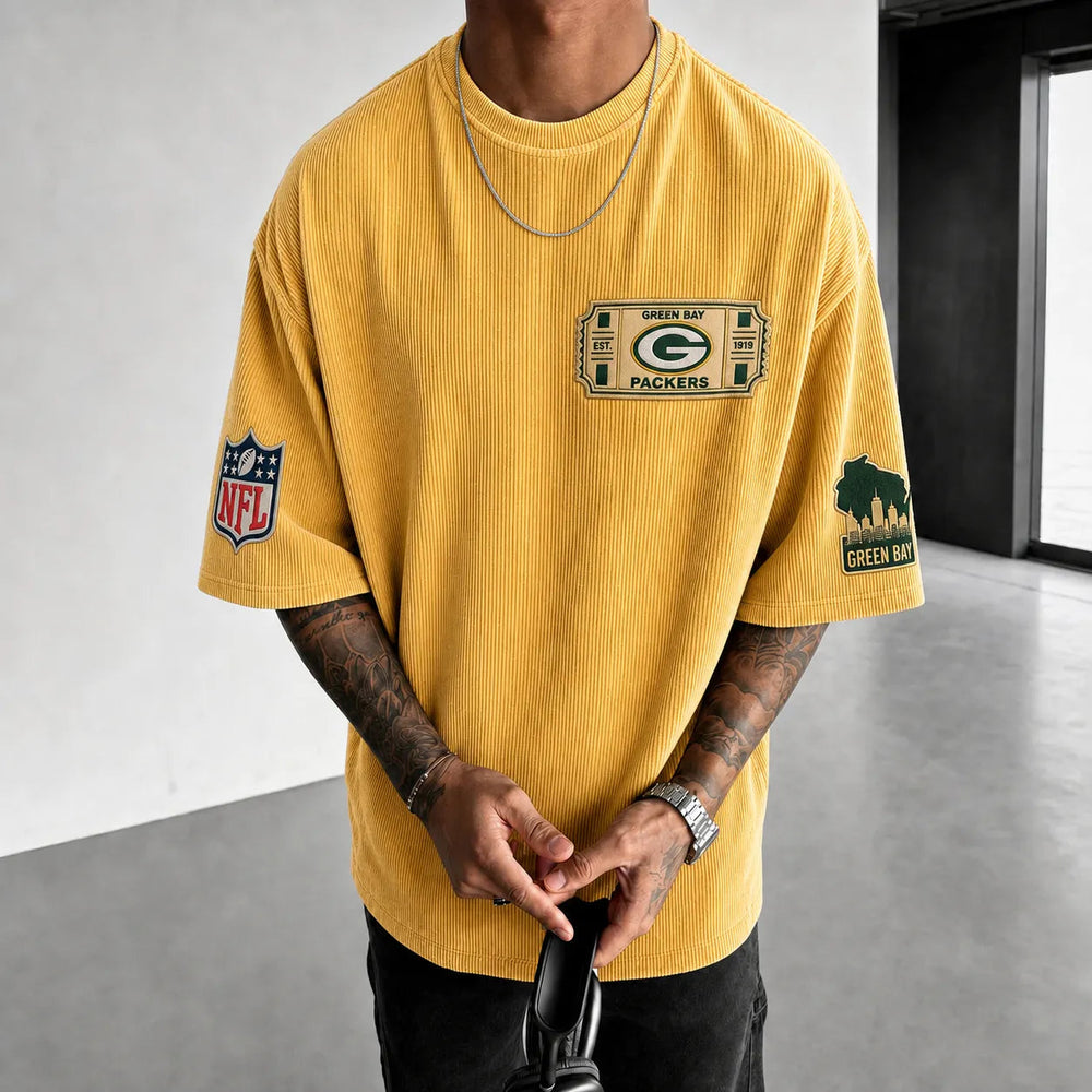 Unisex Loose-Fit Vertical-Stripe Short-Sleeve T-Shirt With Rugby Print