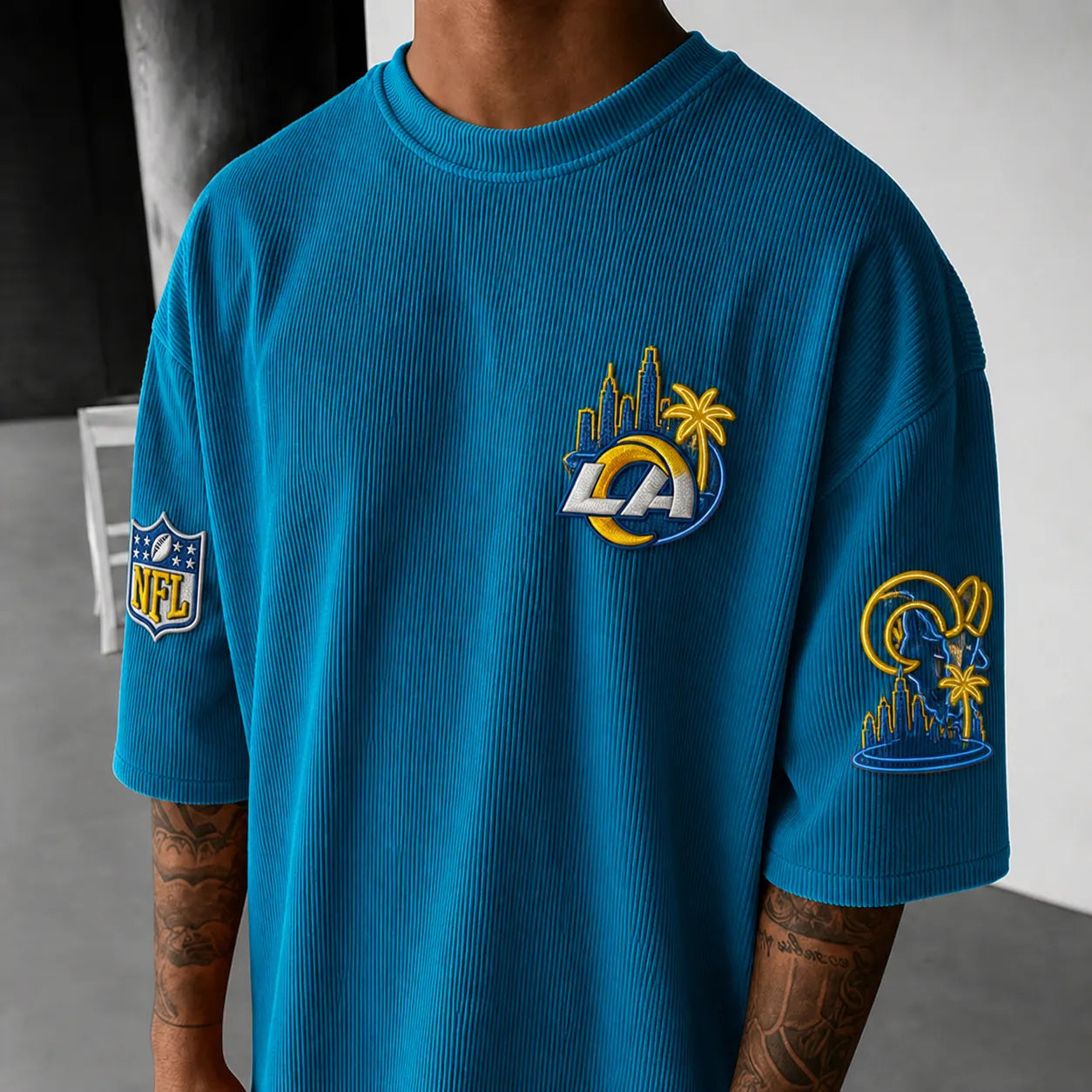 Unisex Loose-Fit Vertical-Stripe Short-Sleeve T-Shirt With Rugby Print