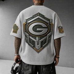 Unisex Loose-Fit Vertical-Stripe Short-Sleeve T-Shirt With Rugby Print