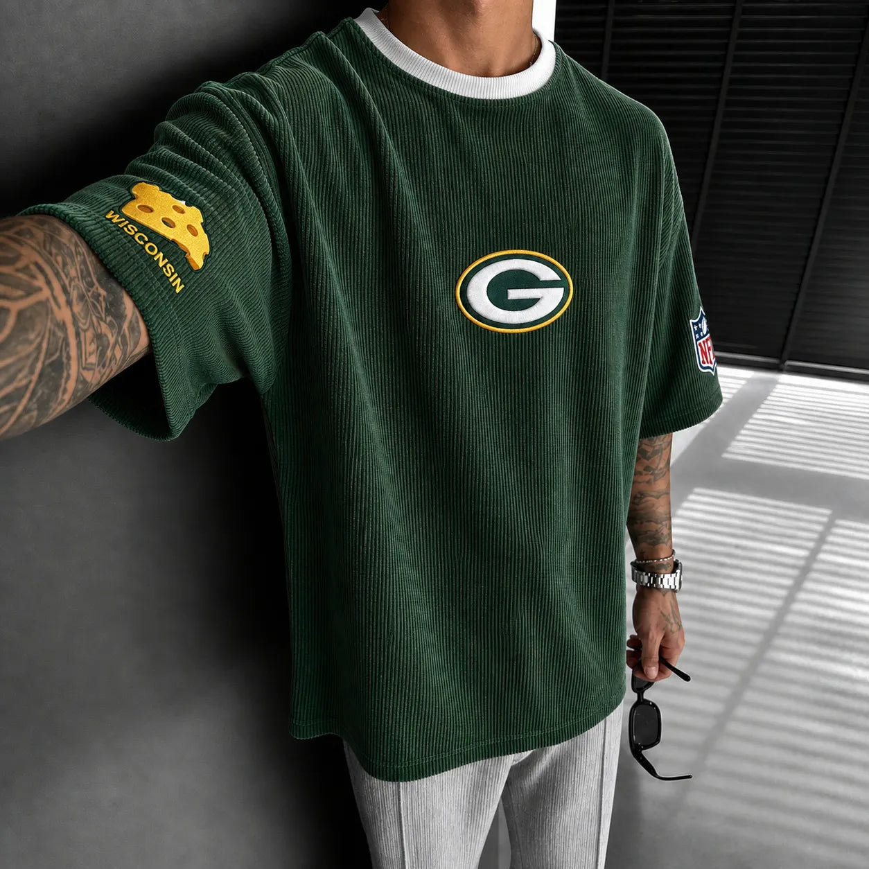 Unisex Loose-Fit Vertical-Stripe Short-Sleeve T-Shirt With Rugby Print