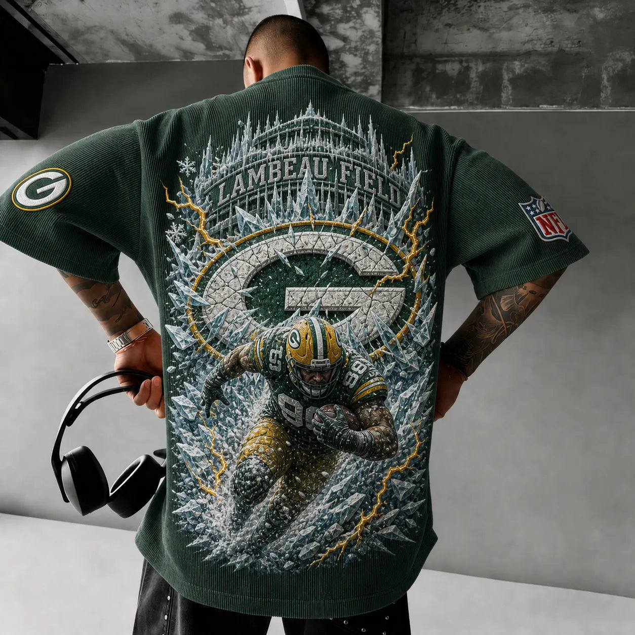 Unisex Loose-Fit Vertical-Stripe Short-Sleeve T-Shirt With Rugby Print