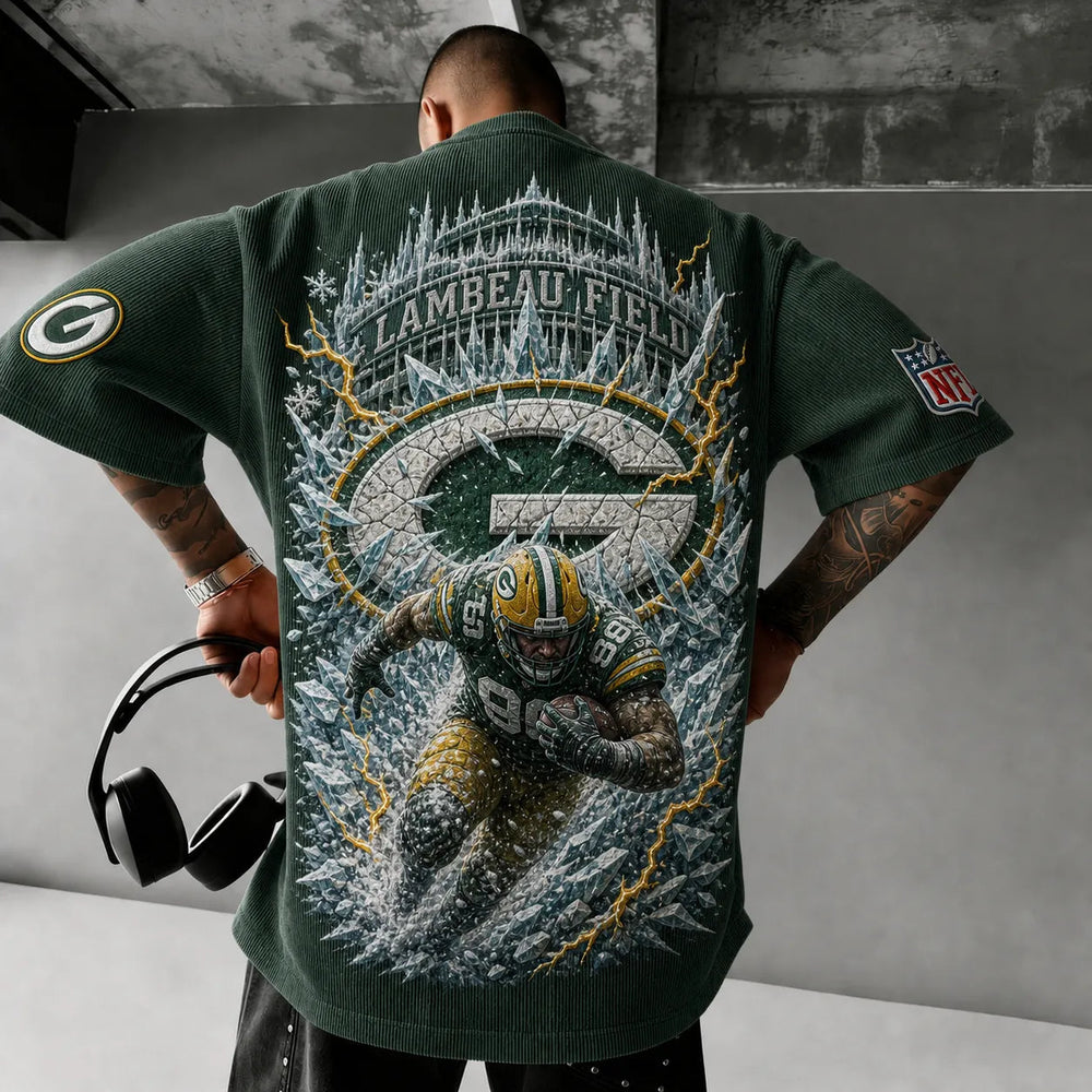 Unisex Loose-Fit Vertical-Stripe Short-Sleeve T-Shirt With Rugby Print