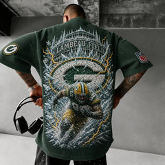 Unisex Loose-Fit Vertical-Stripe Short-Sleeve T-Shirt With Rugby Print