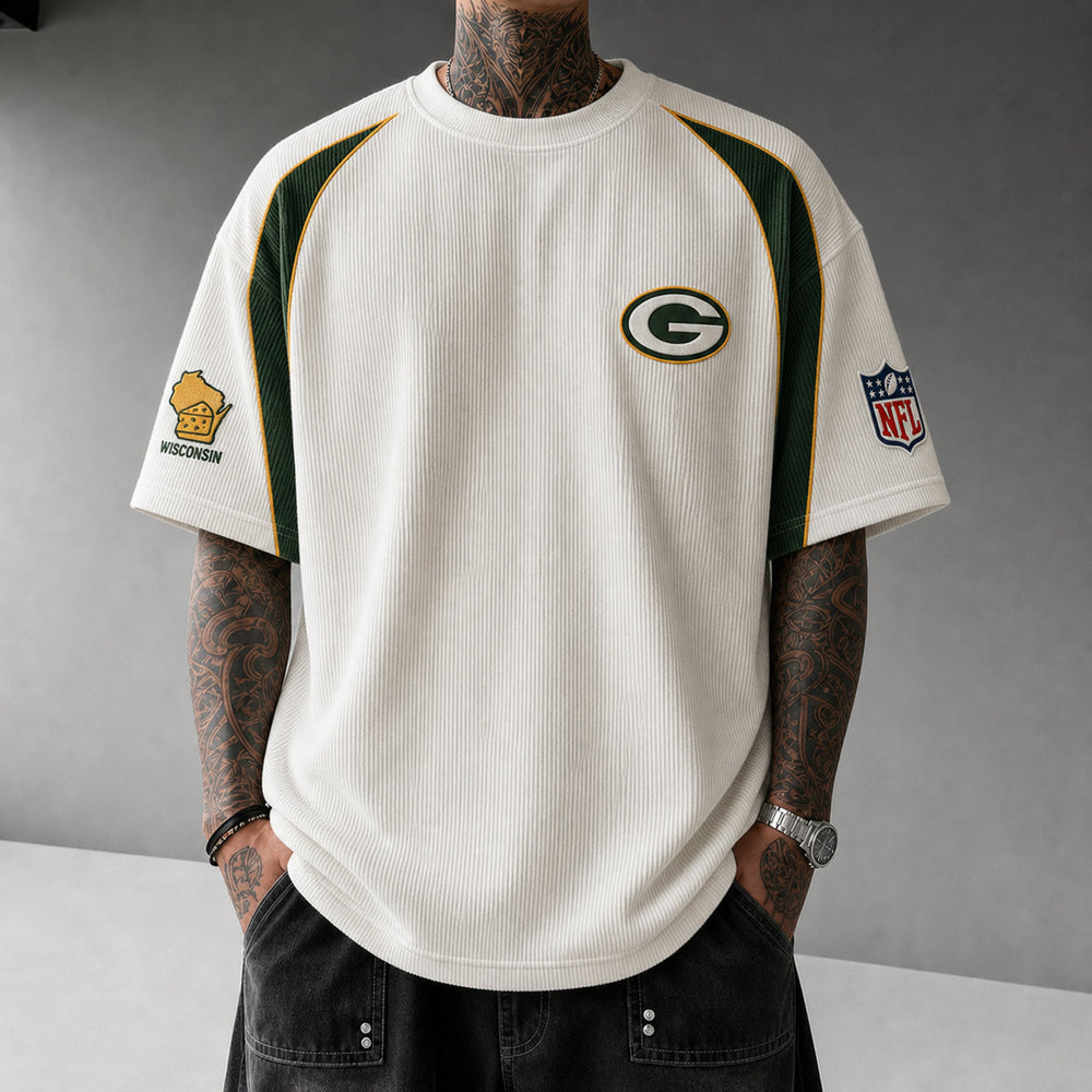 Unisex Loose-Fit Vertical-Stripe Short-Sleeve T-Shirt With Rugby Print