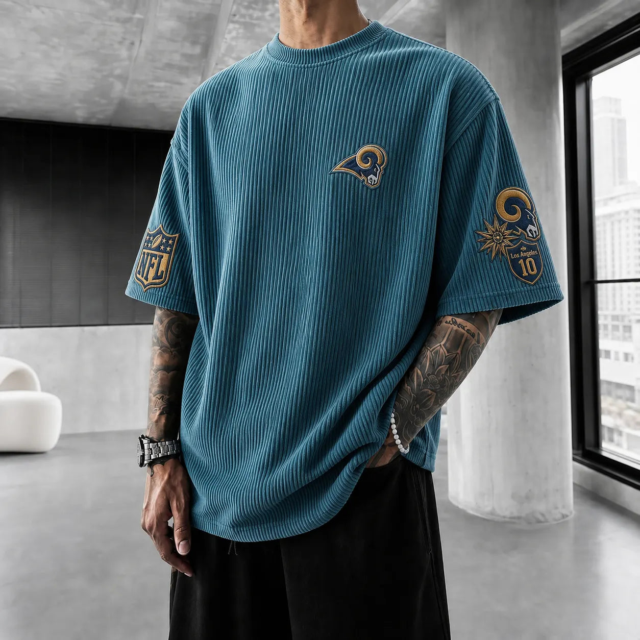 Unisex Loose-Fit Vertical-Stripe Short-Sleeve T-Shirt With Rugby Print