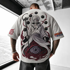 Unisex Oversized Anime-Print Vertical-Stripe Short-Sleeve T-Shirt