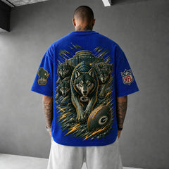 Unisex Loose-Fit Vertical-Stripe Short-Sleeve T-Shirt With Rugby Print