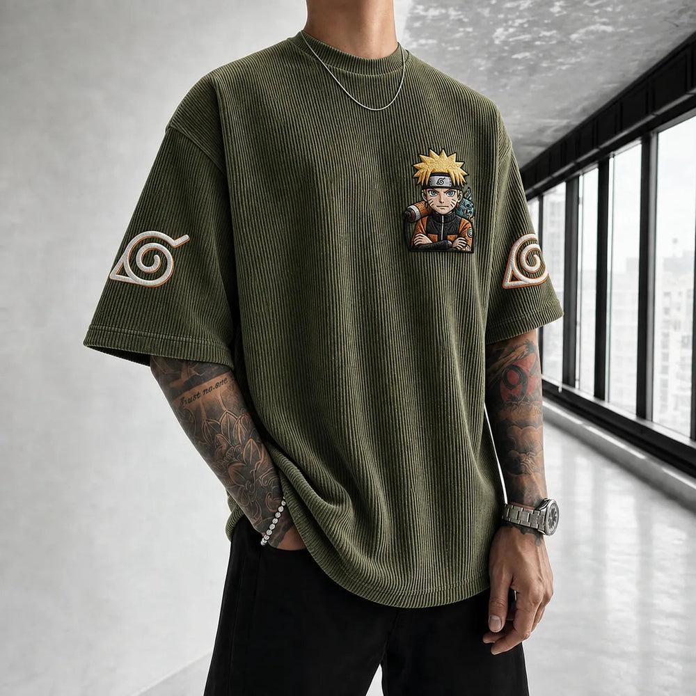 Unisex Oversized Anime-Print Vertical-Stripe Short-Sleeve T-Shirt