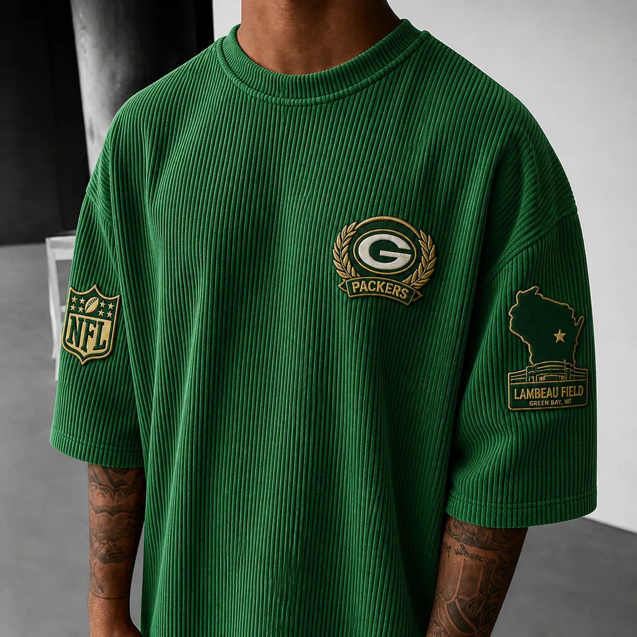 Unisex Loose-Fit Vertical-Stripe Short-Sleeve T-Shirt With Rugby Print