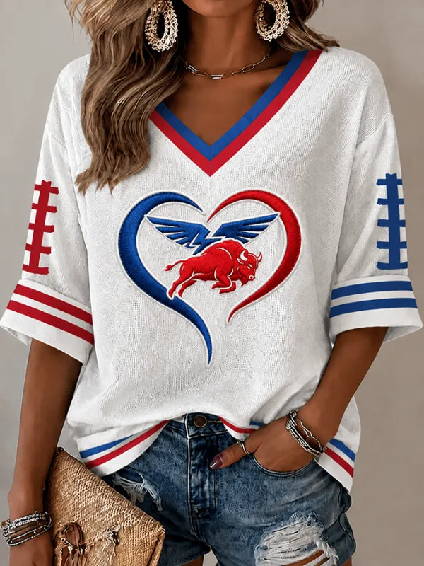 Women'S Football Printed V-Neck Mid Sleeve T-Shirt