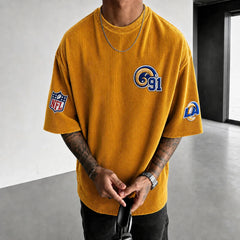 Unisex Loose-Fit Vertical-Stripe Short-Sleeve T-Shirt With Rugby Print