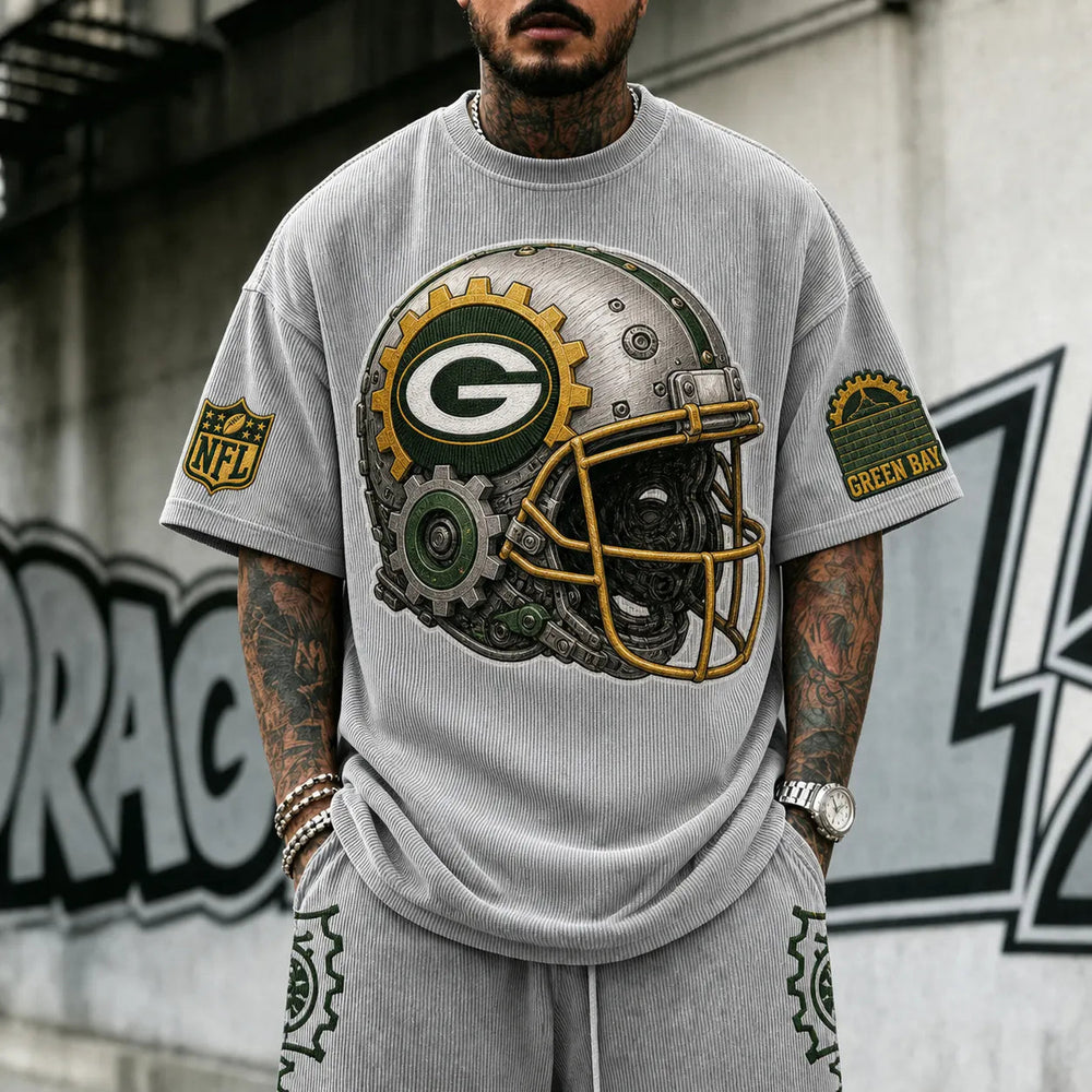 Unisex Loose-Fit Vertical-Stripe Short-Sleeve T-Shirt With Rugby Print