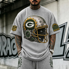 Unisex Loose-Fit Vertical-Stripe Short-Sleeve T-Shirt With Rugby Print