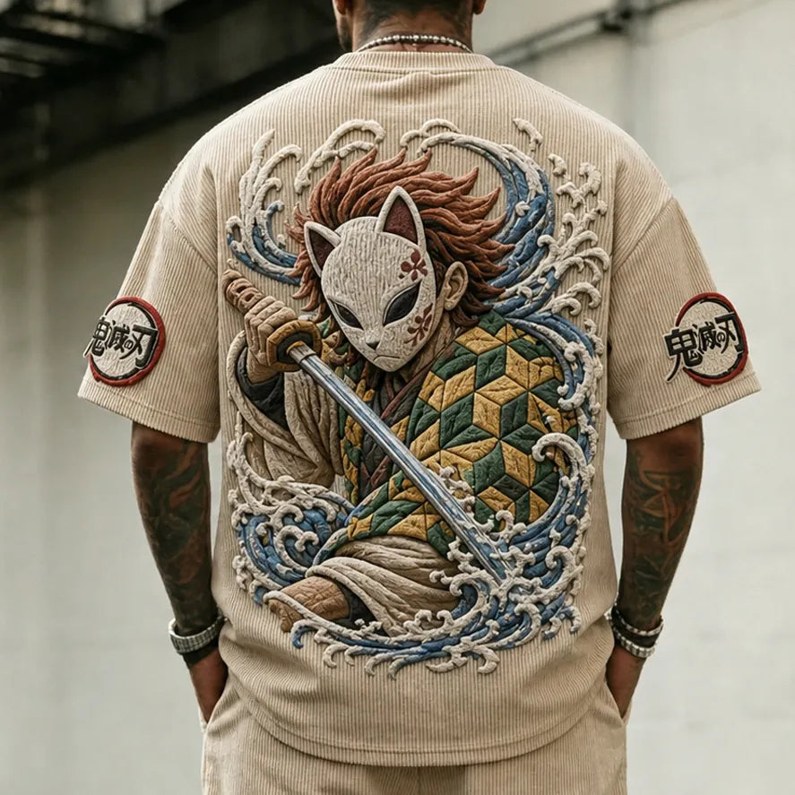 Unisex Oversized Anime-Print Vertical-Stripe Short-Sleeve T-Shirt