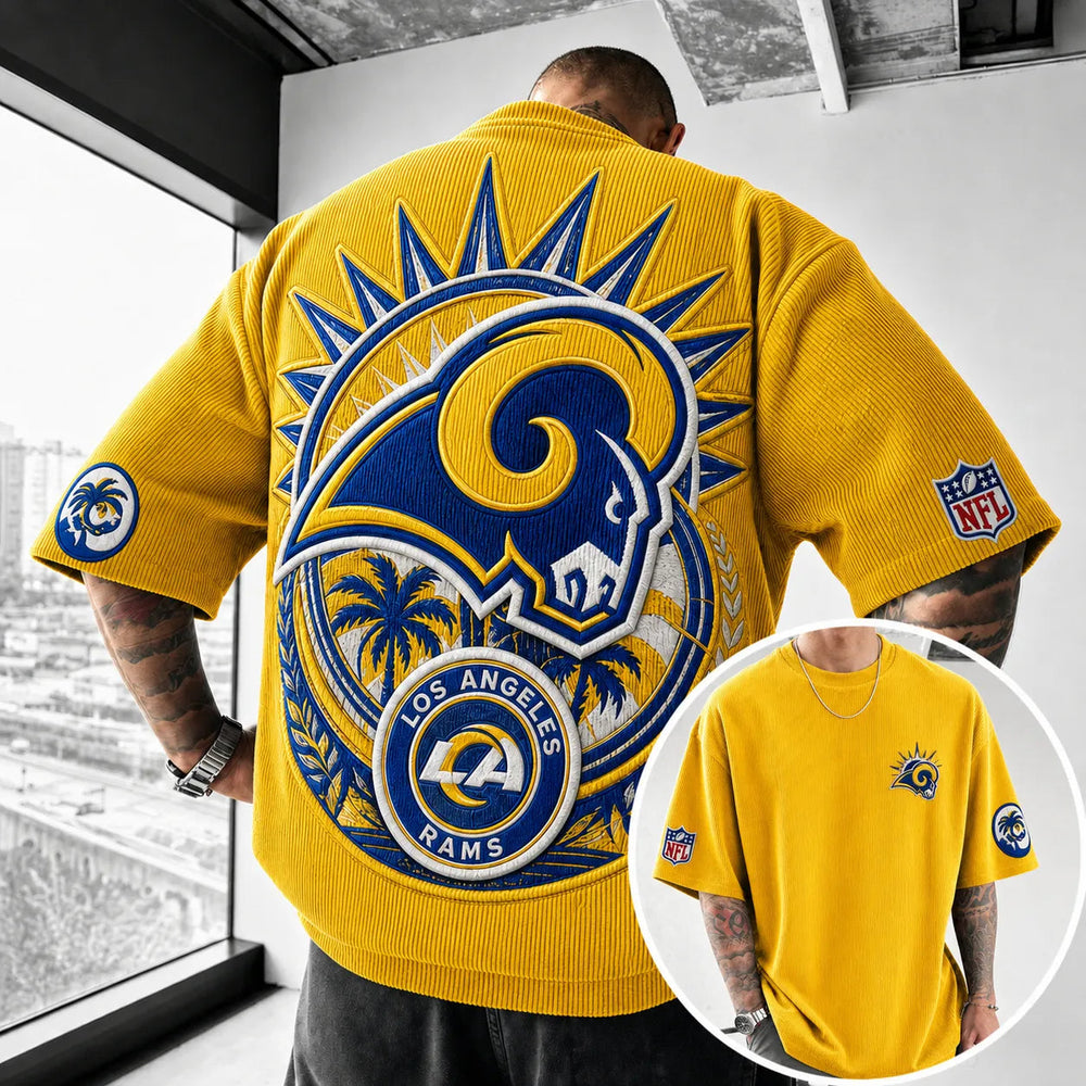 Unisex Loose-Fit Vertical-Stripe Short-Sleeve T-Shirt With Rugby Print