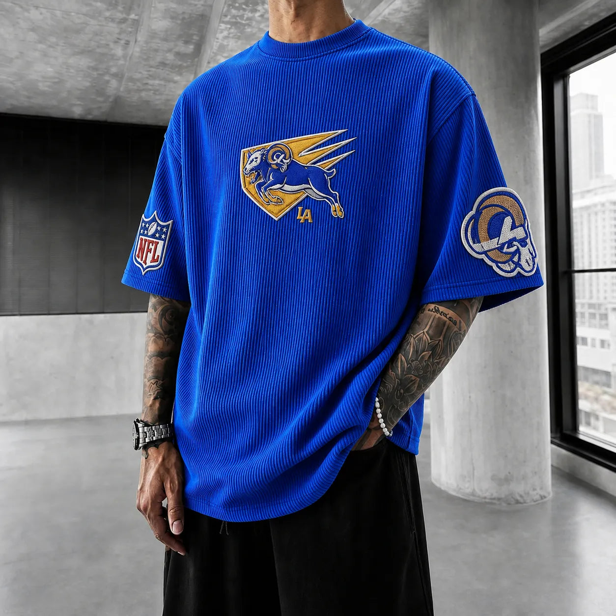 Unisex Loose-Fit Vertical-Stripe Short-Sleeve T-Shirt With Rugby Print