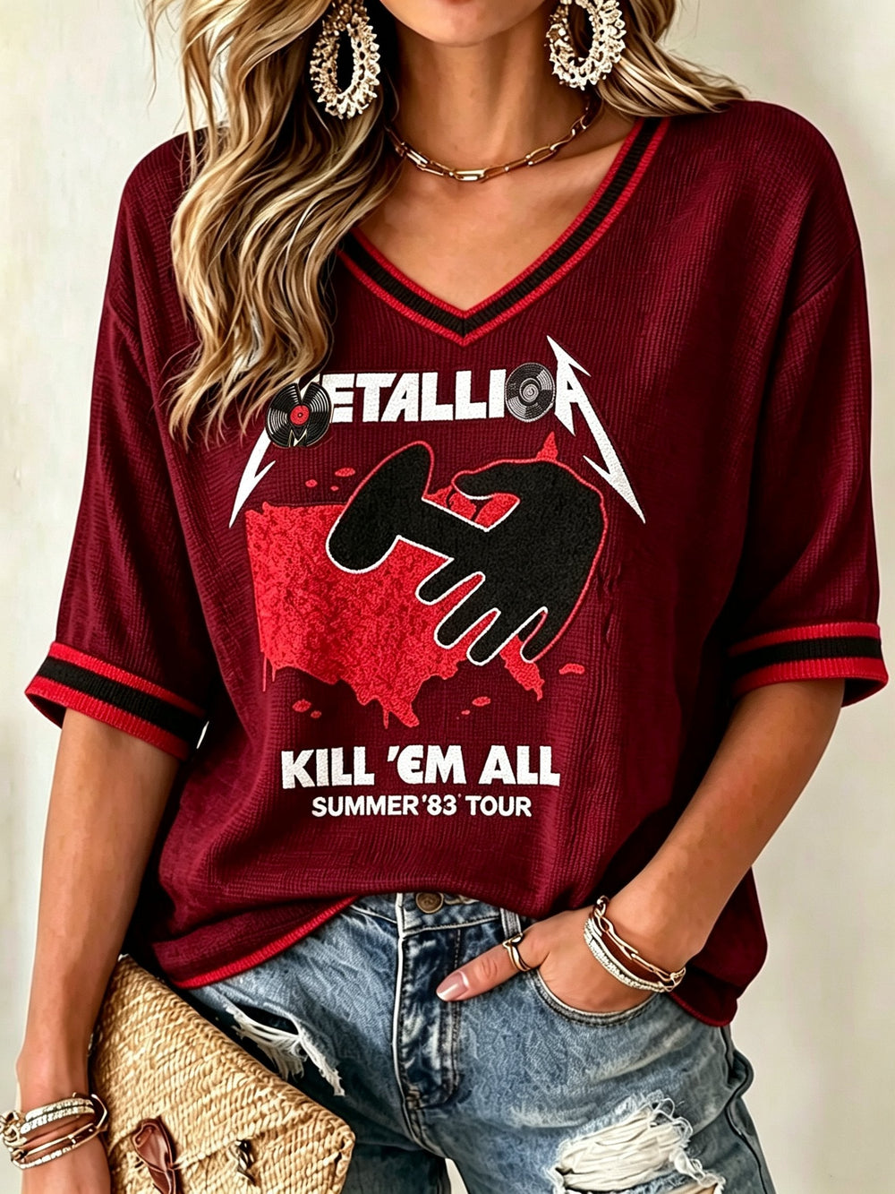 Women's Casual Printed Waffle Top