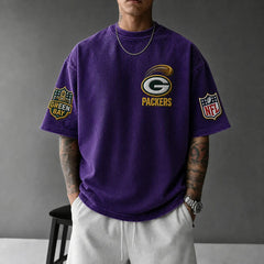Unisex Loose-Fit Vertical-Stripe Short-Sleeve T-Shirt With Rugby Print