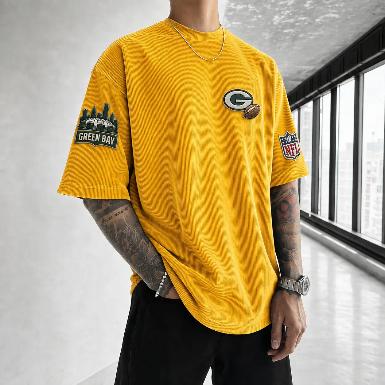 Unisex Loose-Fit Vertical-Stripe Short-Sleeve T-Shirt With Rugby Print