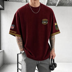 Unisex Loose-Fit Vertical-Stripe Short-Sleeve T-Shirt With Rugby Print