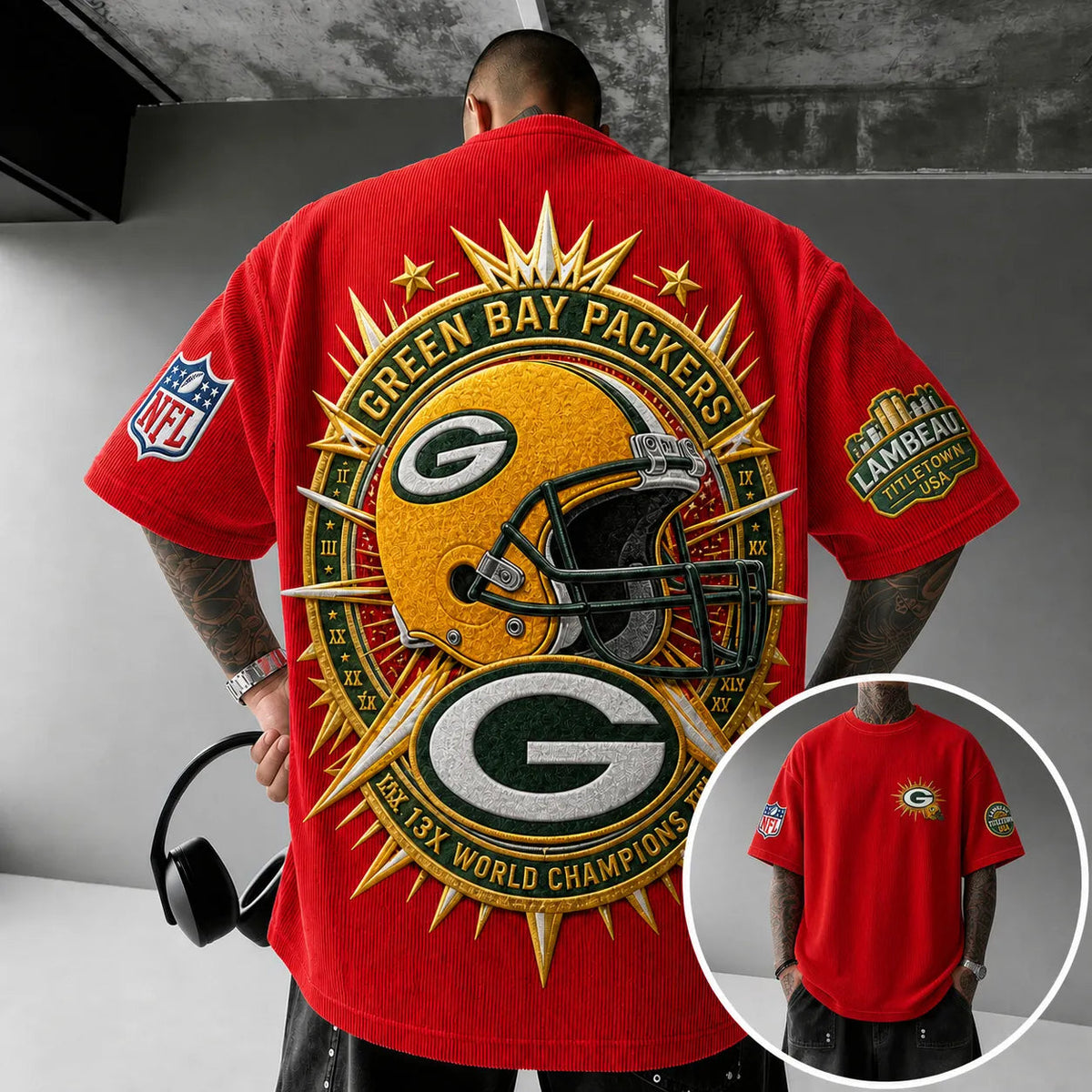 Unisex Loose-Fit Vertical-Stripe Short-Sleeve T-Shirt With Rugby Print