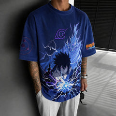 Unisex Oversized Anime-Print Vertical-Stripe Short-Sleeve T-Shirt