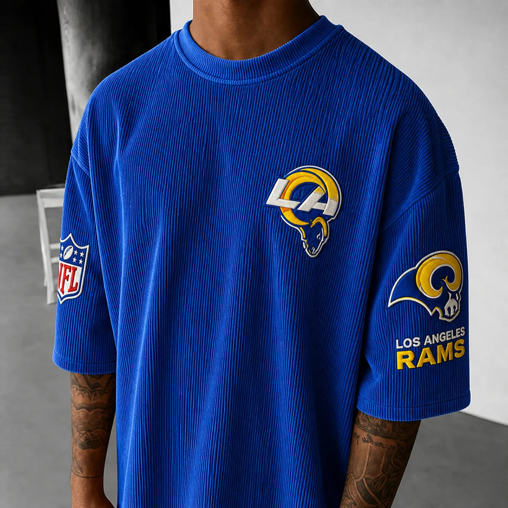 Unisex Loose-Fit Vertical-Stripe Short-Sleeve T-Shirt With Rugby Print