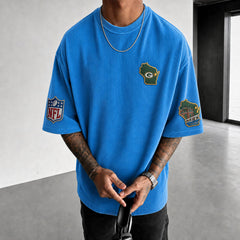 Unisex Loose-Fit Vertical-Stripe Short-Sleeve T-Shirt With Rugby Print