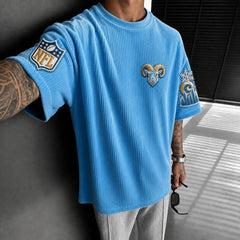 Unisex Loose-Fit Vertical-Stripe Short-Sleeve T-Shirt With Rugby Print