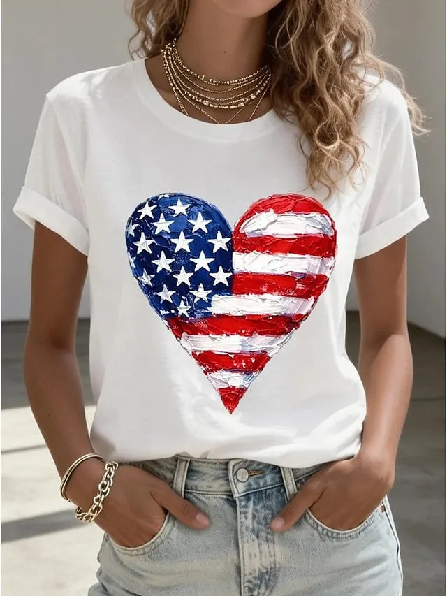 Women's American Flag Heart Patriotic Casual T-Shirt