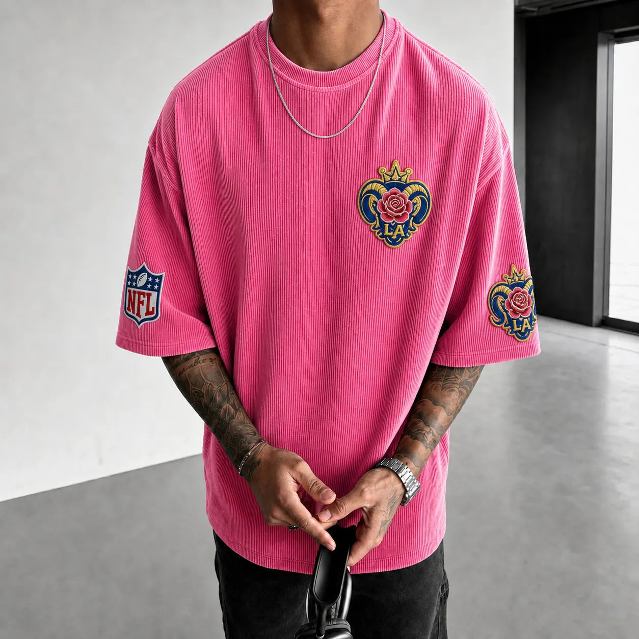 Unisex Loose-Fit Vertical-Stripe Short-Sleeve T-Shirt With Rugby Print