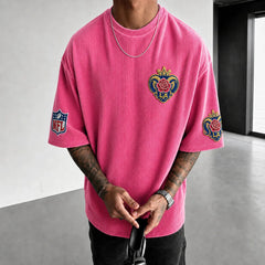 Unisex Loose-Fit Vertical-Stripe Short-Sleeve T-Shirt With Rugby Print