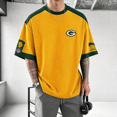 Unisex Loose-Fit Vertical-Stripe Short-Sleeve T-Shirt With Rugby Print