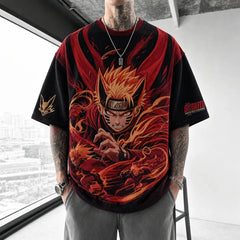 Unisex Oversized Anime-Print Vertical-Stripe Short-Sleeve T-Shirt