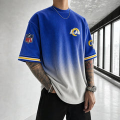 Unisex Loose-Fit Vertical-Stripe Short-Sleeve T-Shirt With Rugby Print