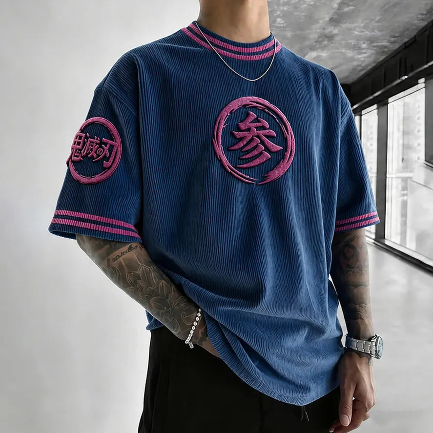 Unisex Oversized Anime-Print Vertical-Stripe Short-Sleeve T-Shirt