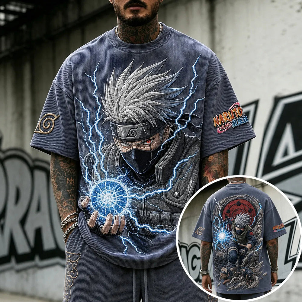 Unisex Oversized Anime-Print Vertical-Stripe Short-Sleeve T-Shirt