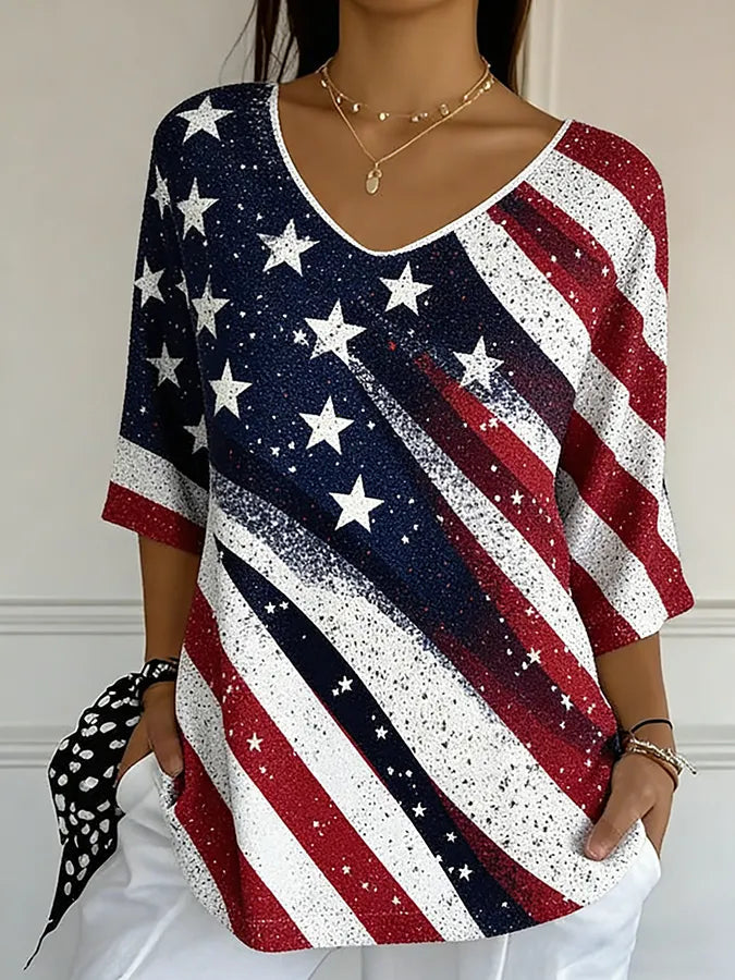 Ladies' Casual American Flag Print V-Neck Half Sleeved T-Shirt