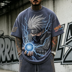 Unisex Oversized Anime-Print Vertical-Stripe Short-Sleeve T-Shirt