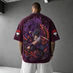 Unisex Oversized Anime-Print Vertical-Stripe Short-Sleeve T-Shirt