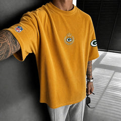 Unisex Loose-Fit Vertical-Stripe Short-Sleeve T-Shirt With Rugby Print