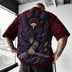 Unisex Oversized Anime-Print Vertical-Stripe Short-Sleeve T-Shirt